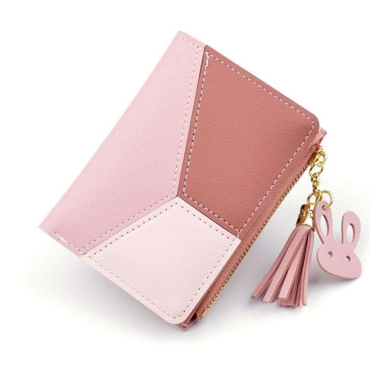 Short Leather Women Zipper Purse Panelled Wallets Trendy Coin Purse(Pink)