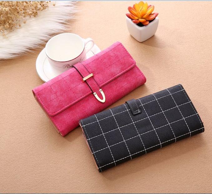 Women Purse Thread Plaid Leather Fashion Design With Polyester Phone Bag Long Slim Ladies Wallet(Red)