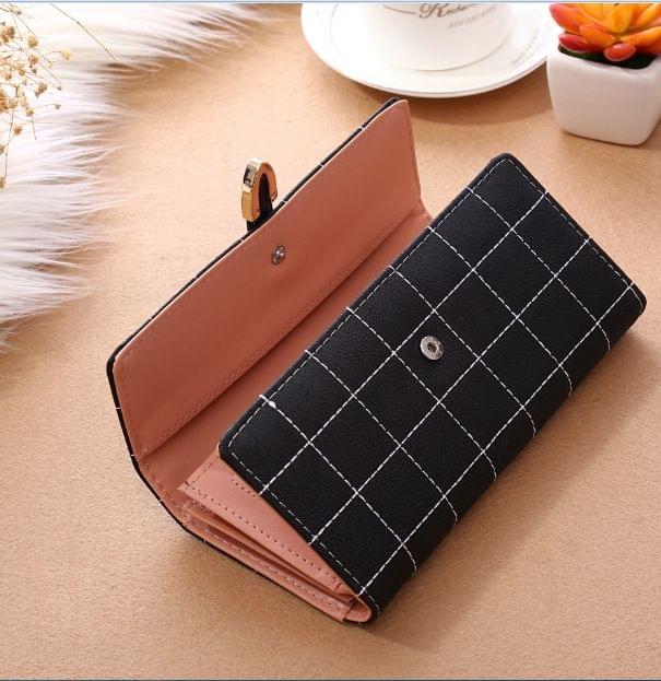 Women Purse Thread Plaid Leather Fashion Design With Polyester Phone Bag Long Slim Ladies Wallet(Red)