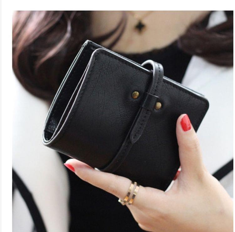 Short Retro Student Small Purse Women Leather Pursese(Black)