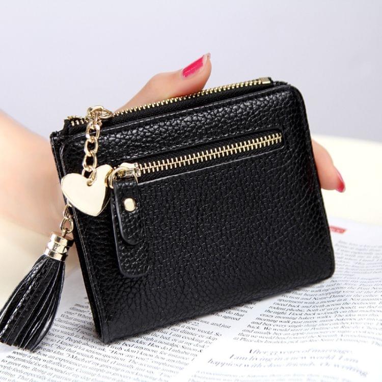 Mini PU Leather Tassel Pendant Zipper Wallet Coin Purse for Women(Black)