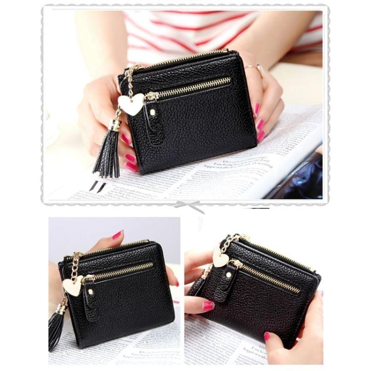 Mini PU Leather Tassel Pendant Zipper Wallet Coin Purse for Women(Black)