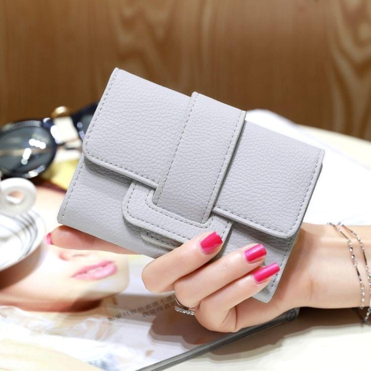 Fashion 3-Folding Drawstring Short Design PU Leather Solid Color Wallet Coin Purse for Women(Grey)
