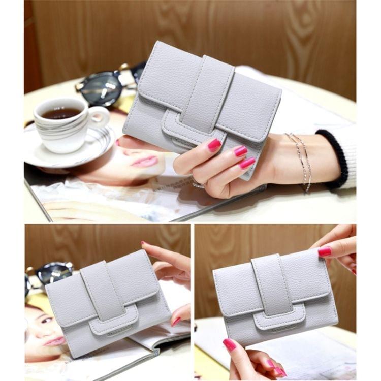 Fashion 3-Folding Drawstring Short Design PU Leather Solid Color Wallet Coin Purse for Women(Grey)