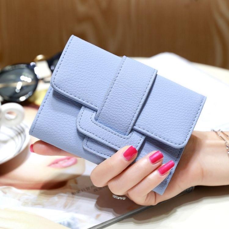 Fashion 3-Folding Drawstring Short Design PU Leather Solid Color Wallet Coin Purse for Women(Blue)