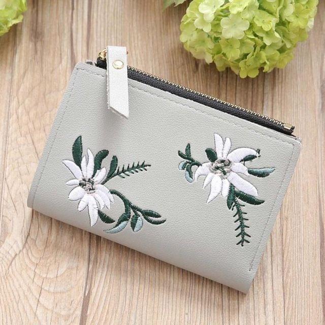 Embroidery Short Wallet PU Leather Wallets Female Floral Hasp Coin Purse Zipper Bag Card Holders(Gray)