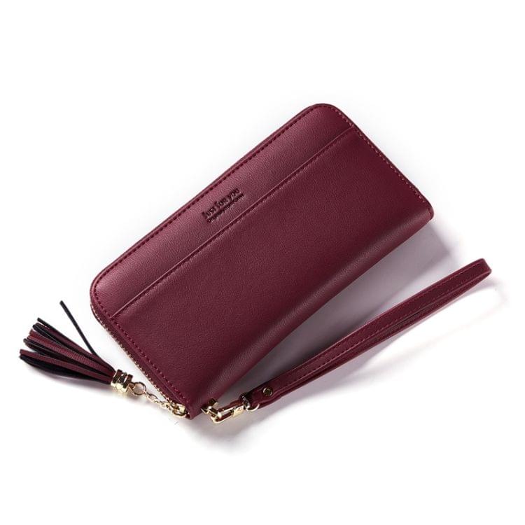 Women Tassel Style Large Capacity PU Hand Wallet Purse Phone Bag with Card Slots (Wine Red)