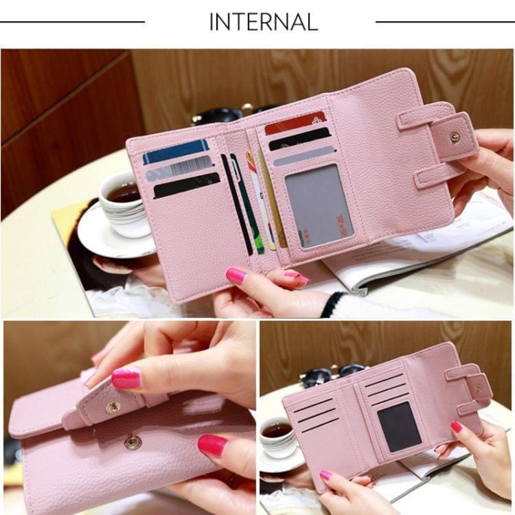 Fashion 3-Folding Drawstring Short Design PU Leather Solid Color Wallet Coin Purse for Women(Pink)