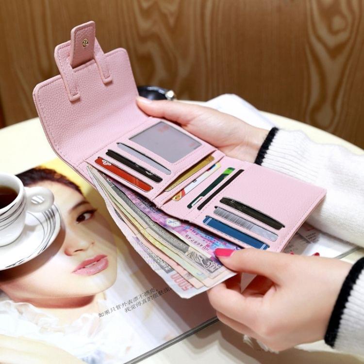 Fashion 3-Folding Drawstring Short Design PU Leather Solid Color Wallet Coin Purse for Women(Pink)