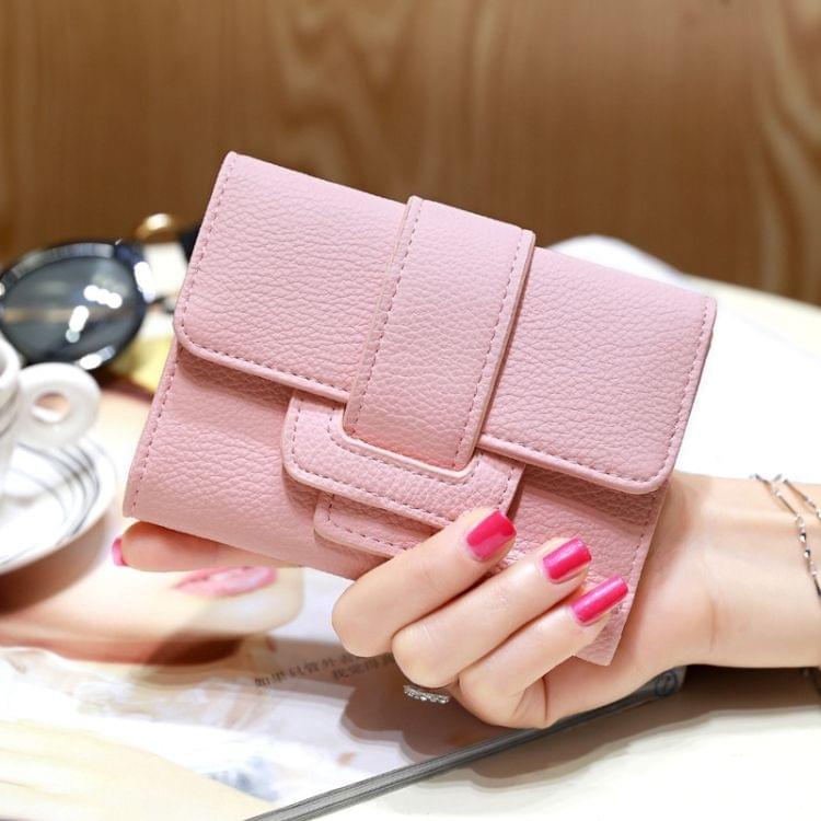 Fashion 3-Folding Drawstring Short Design PU Leather Solid Color Wallet Coin Purse for Women(Pink)