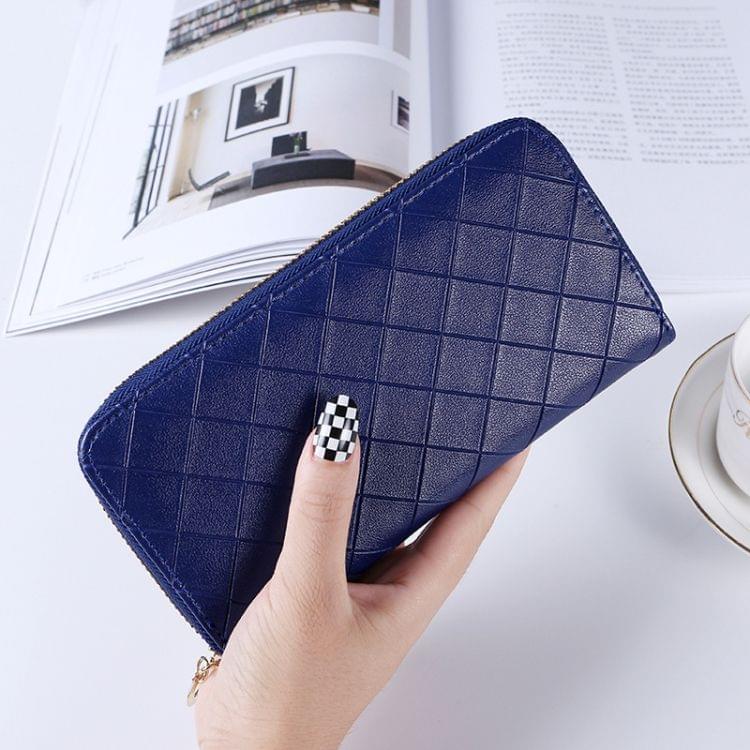 Fashion Argyles Texture Long Design PU Leather Zipper Wallet Coin Purse Hand Bag for Women(Dark Blue)