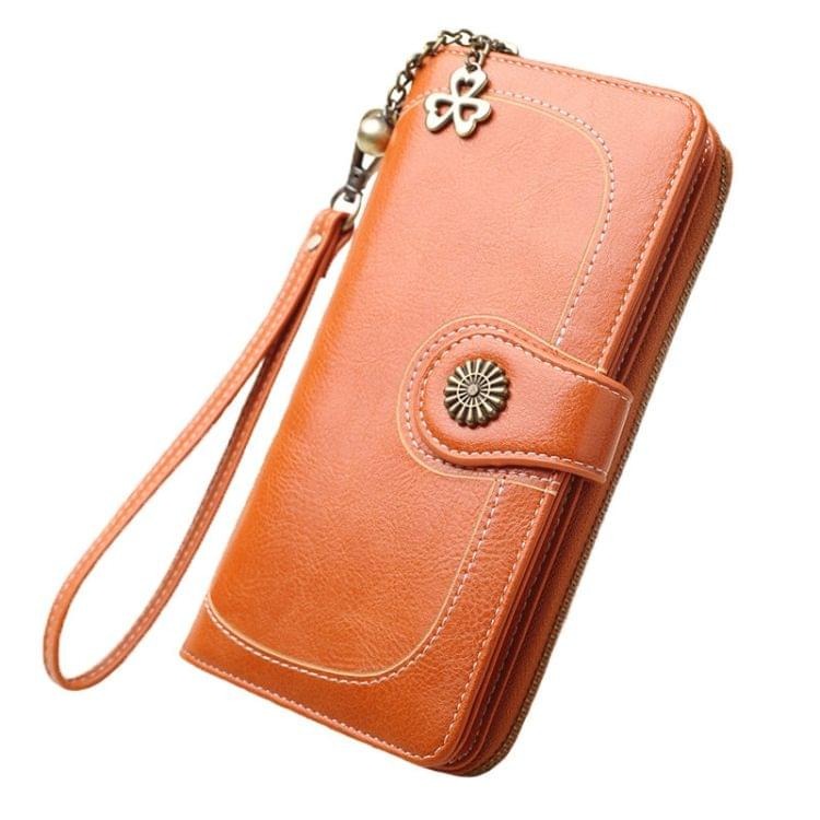 Vintage Button Phone Purses Women Wallets Female Purse Leather Brand Retro Ladies Long Zipper Woman Wallet Card Clutch(Long brown)