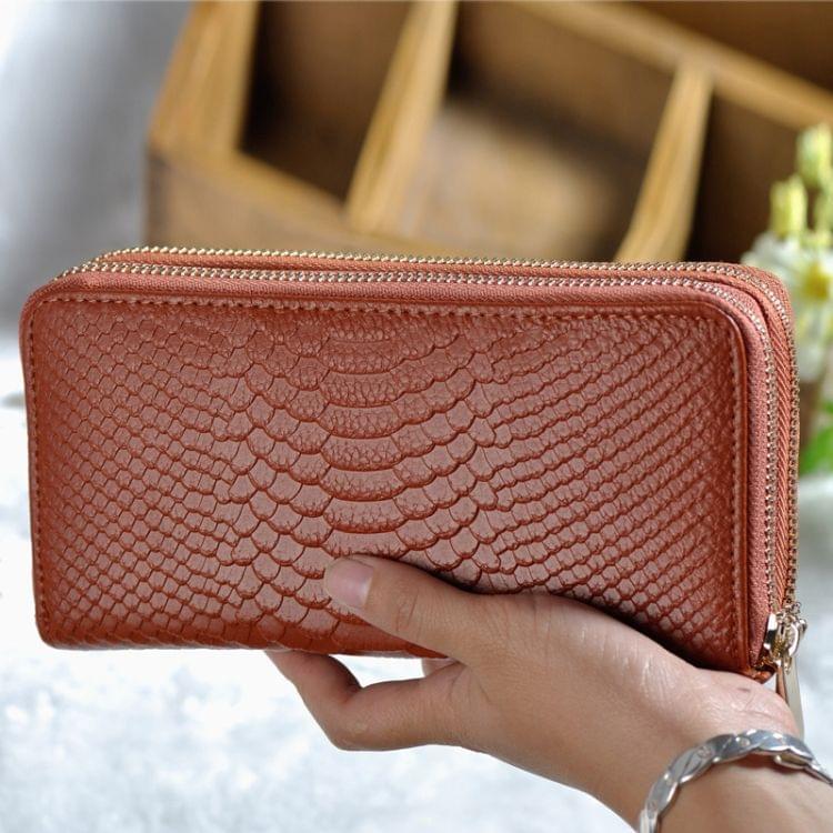 Women Long Wallet Genuine Leather Double Zipper Serpentine Embossing Clutch Bag Coin Purse Card Holder with Wristlet Strap(Khaki)