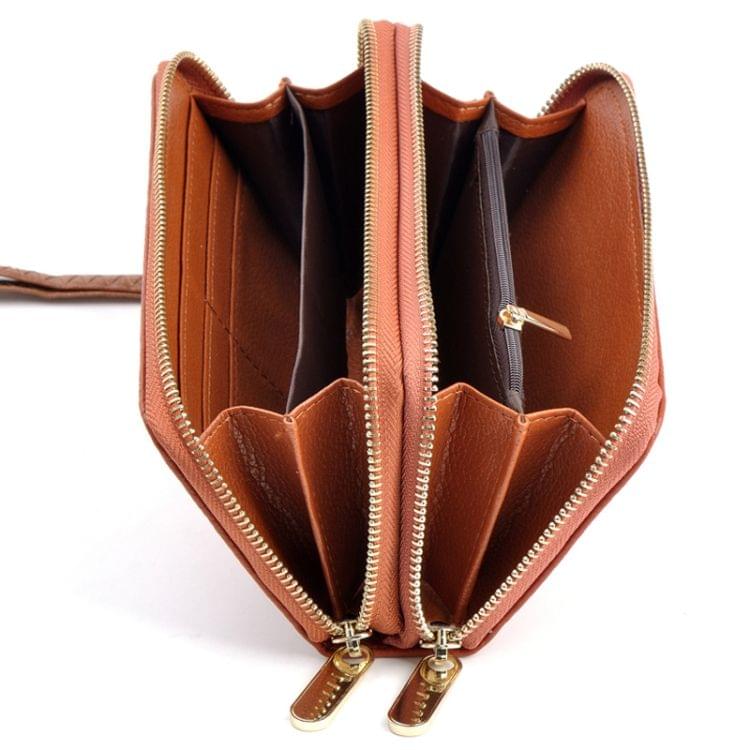 Women Long Wallet Genuine Leather Double Zipper Serpentine Embossing Clutch Bag Coin Purse Card Holder with Wristlet Strap(Khaki)