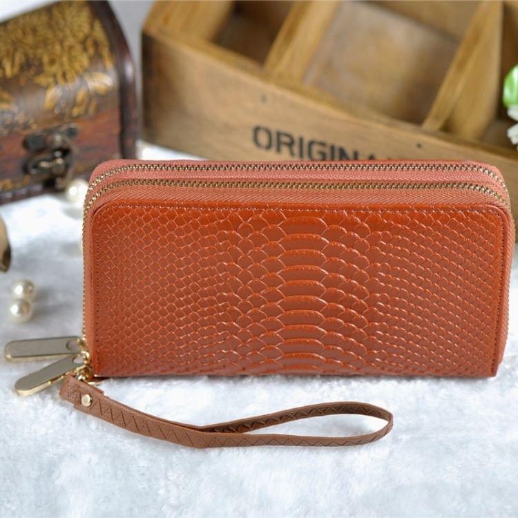 Women Long Wallet Genuine Leather Double Zipper Serpentine Embossing Clutch Bag Coin Purse Card Holder with Wristlet Strap(Khaki)