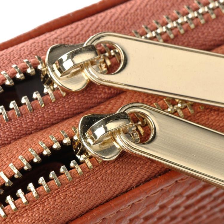 Women Long Wallet Genuine Leather Double Zipper Serpentine Embossing Clutch Bag Coin Purse Card Holder with Wristlet Strap(Khaki)