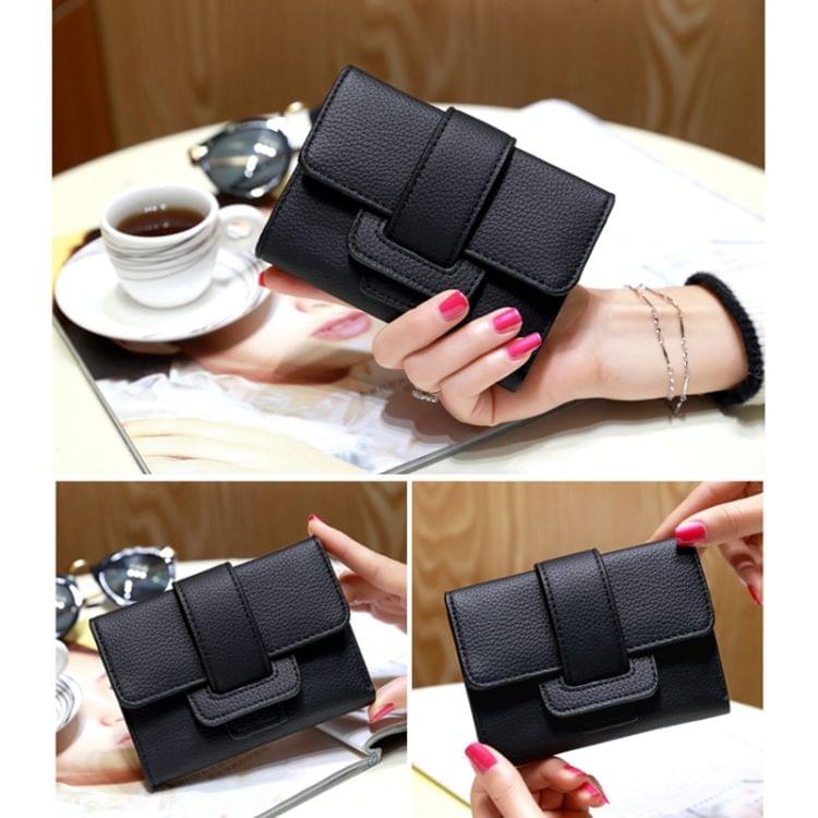 Fashion 3-Folding Drawstring Short Design PU Leather Solid Color Wallet Coin Purse for Women(Black)