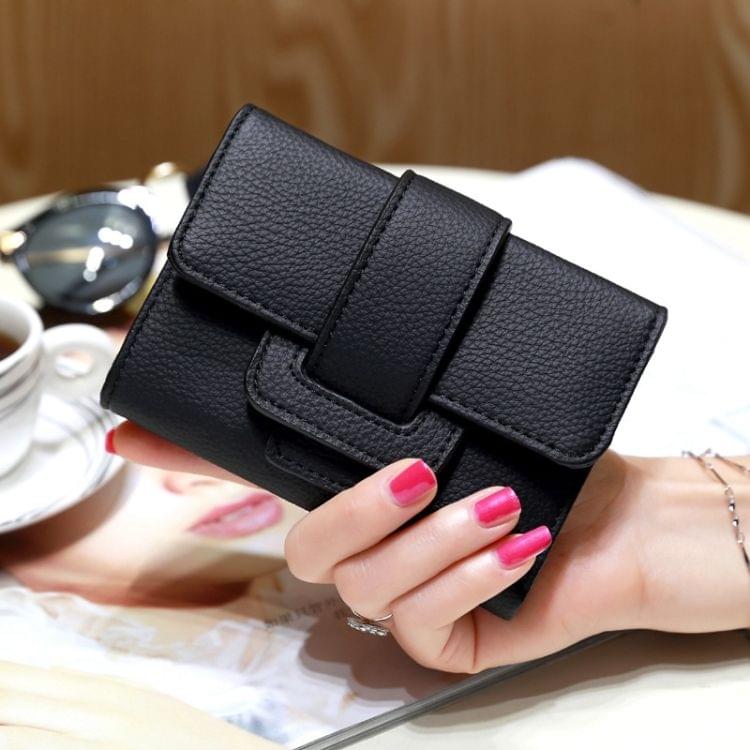 Fashion 3-Folding Drawstring Short Design PU Leather Solid Color Wallet Coin Purse for Women(Black)
