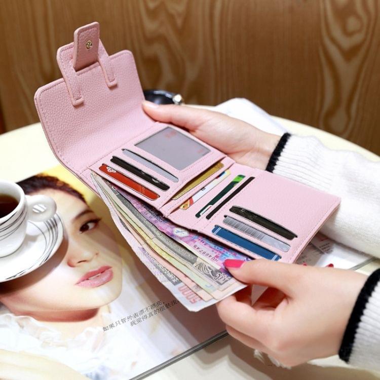 Fashion 3-Folding Drawstring Short Design PU Leather Solid Color Wallet Coin Purse for Women(Black)