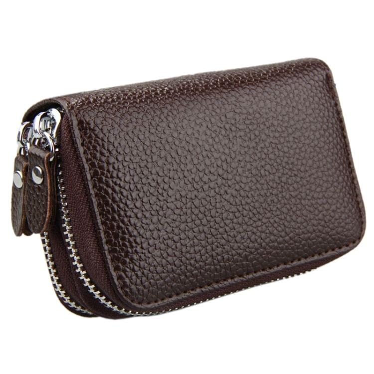 Genuine Cowhide Leather Dual Layer Solid Color Zipper Card Holder Wallet Coin Purse Card Bag Protect Case with Card Slots & Coin Position, Size: 10.5*7.0*4.0cm(Coffee)