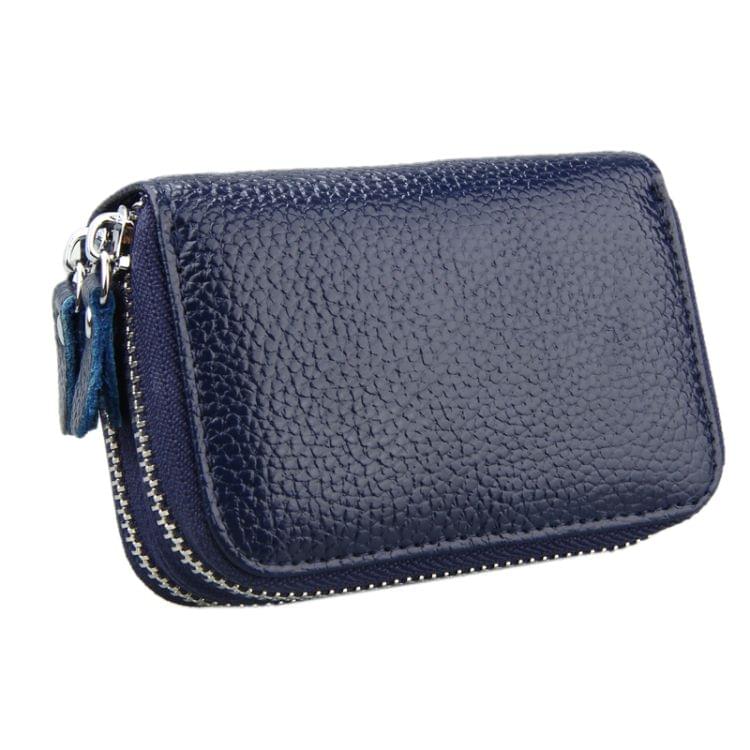 Genuine Cowhide Leather Dual Layer Solid Color Zipper Card Holder Wallet Coin Purse Card Bag Protect Case with Card Slots & Coin Position, Size: 10.5*7.0*4.0cm(Dark Blue)