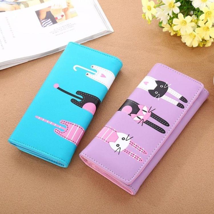 Women Cat Pattern Coin Purse Long Wallet Card Holders Handbag Cute Leather Wallets(Purple)