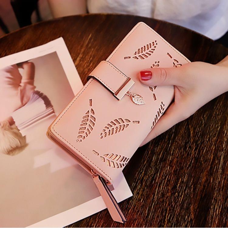 Long Gold Hollow Leaves Coin Purse Card Holders Wallet for Women(Blue)