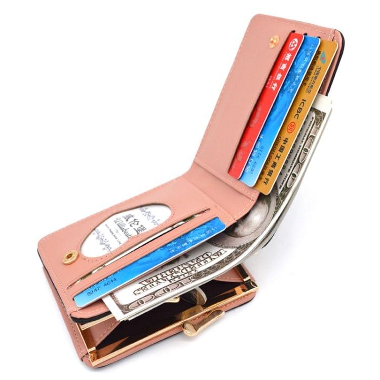 Women Mini Leather Clutch Card Holder Short Wallet(Pink)