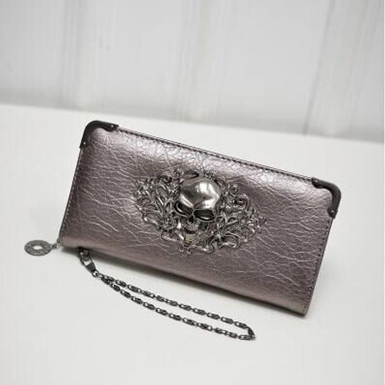 PU Leather Wallet Long Zipper Closed Wallets Skull Flower Lady Purses(Gold)