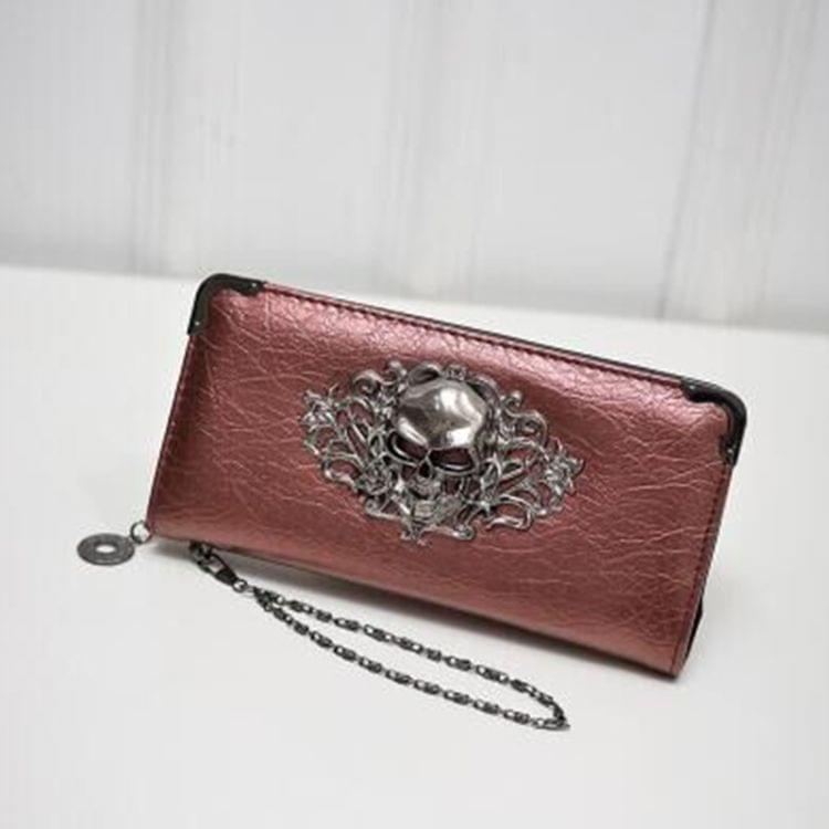 PU Leather Wallet Long Zipper Closed Wallets Skull Flower Lady Purses(Gold)