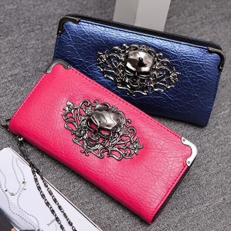 PU Leather Wallet Long Zipper Closed Wallets Skull Flower Lady Purses(Gold)