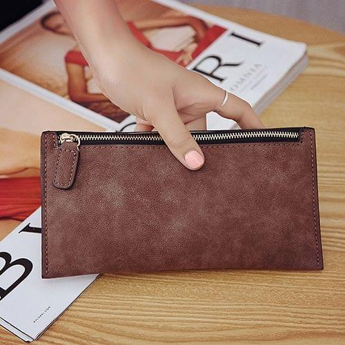 Ladies Long Wallet Simple Style Coin Purse Leather Thin Wallets(Brown)