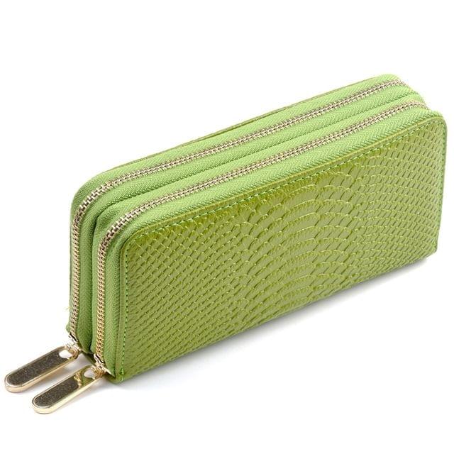 Women Long Wallet Genuine Leather Double Zipper Serpentine Embossing Clutch Bag Coin Purse Card Holder with Wristlet Strap(Green)