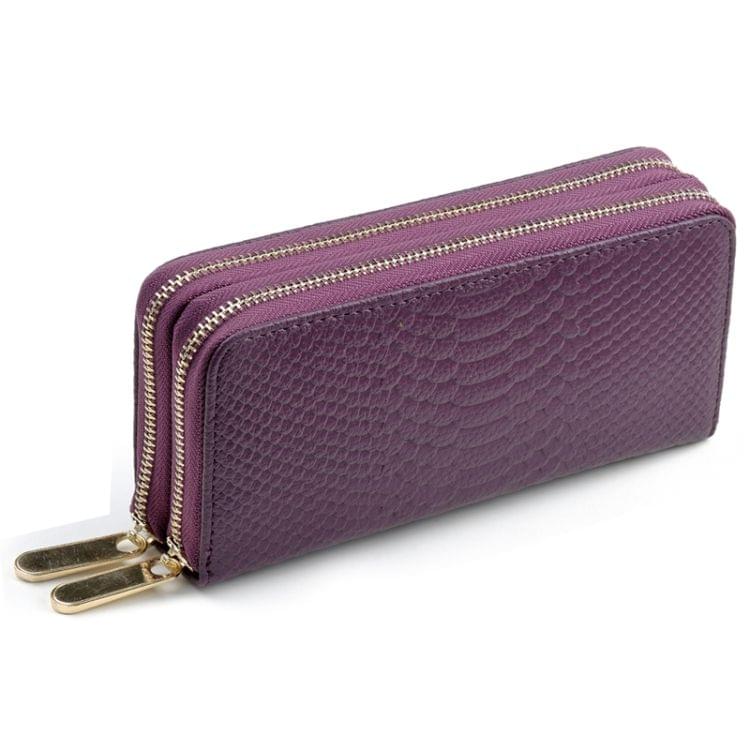 Women Long Wallet Genuine Leather Double Zipper Serpentine Embossing Clutch Bag Coin Purse Card Holder with Wristlet Strap(Green)
