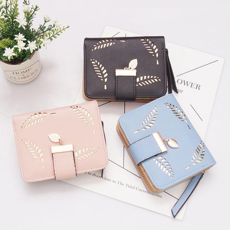 Lady Short Purse Zipper Buckle Hollow Leaf Zipper Wallet(black)