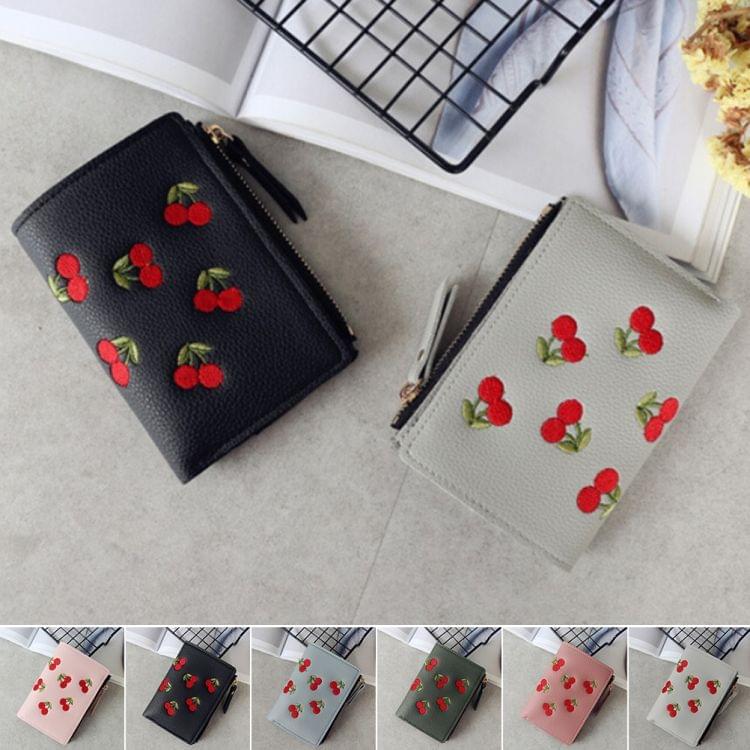 PU Leather Cherry Embroidery Coin Purse Card Holders(Dark pink)
