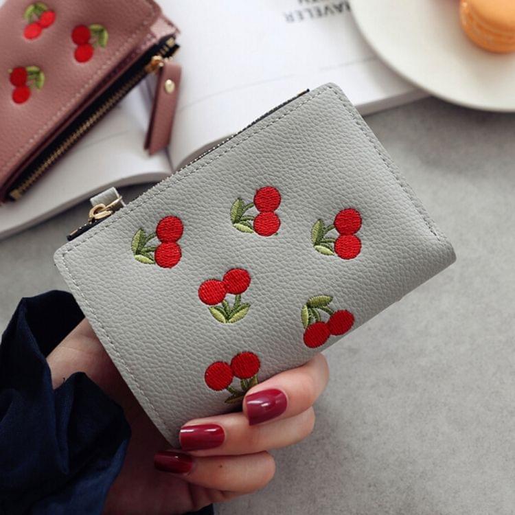 PU Leather Cherry Embroidery Coin Purse Card Holders(Dark pink)
