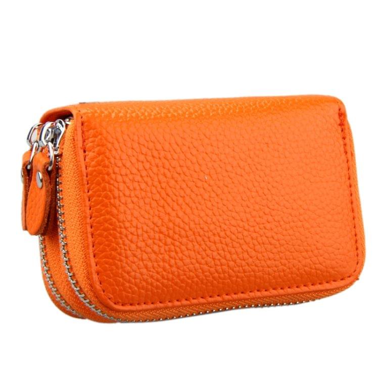 Genuine Cowhide Leather Dual Layer Solid Color Zipper Card Holder Wallet Coin Purse Card Bag Protect Case with Card Slots & Coin Position, Size: 10.5*7.0*4.0cm(Orange)
