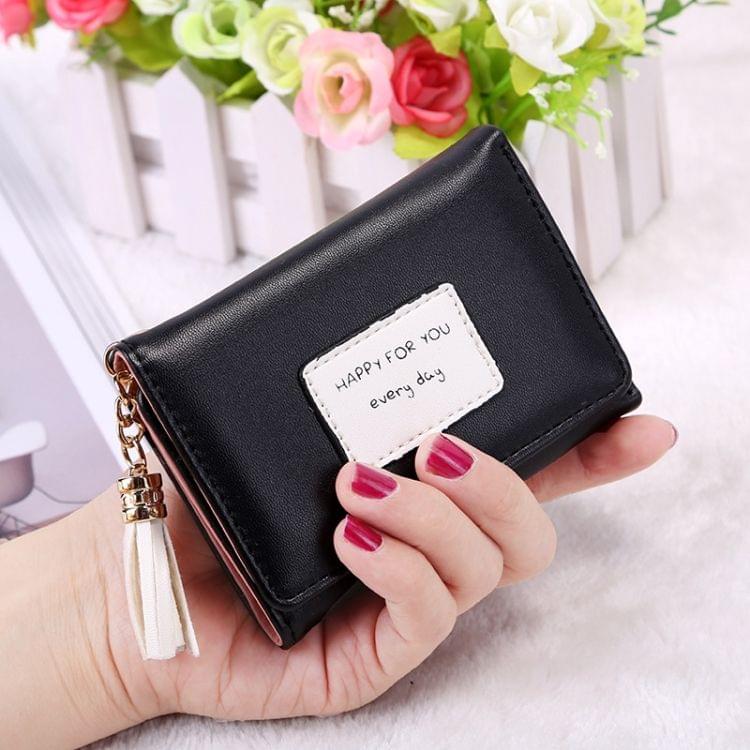 Fashion Tassel Pendant 3-Folding Short Design PU Leather Wallet Coin Purse for Women(Black)