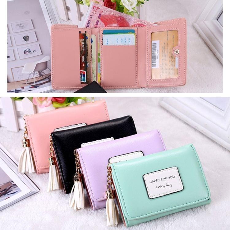 Fashion Tassel Pendant 3-Folding Short Design PU Leather Wallet Coin Purse for Women(Black)