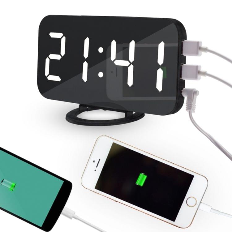 Multifunction Creative Mirror Reflective LED Display Alarm Clock with Snooze Function & 2 USB Charge Port(White)