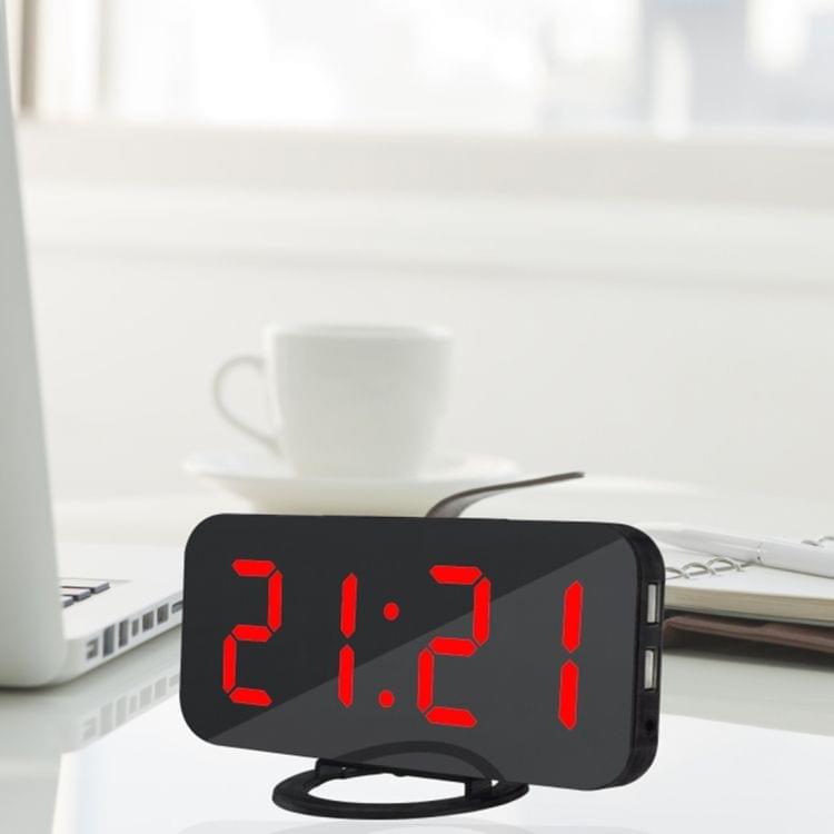 Multifunction Creative Mirror Reflective LED Display Alarm Clock with Snooze Function & 2 USB Charge Port(Red)