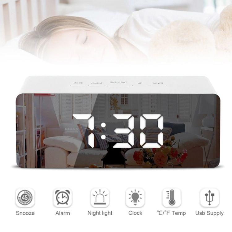 LED Mirror Alarm Clock Digital Snooze Table Clock Electronic Time Temperature Large Display with Wake Up Light White Light