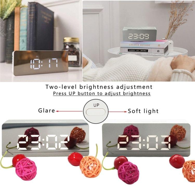 LED Mirror Alarm Clock Digital Snooze Table Clock Electronic Time Temperature Large Display with Wake Up Light White Light