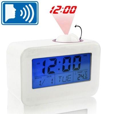 Sound Controlled Talking Time Projection Clock with Calendar and Temperature LCD Display(White)