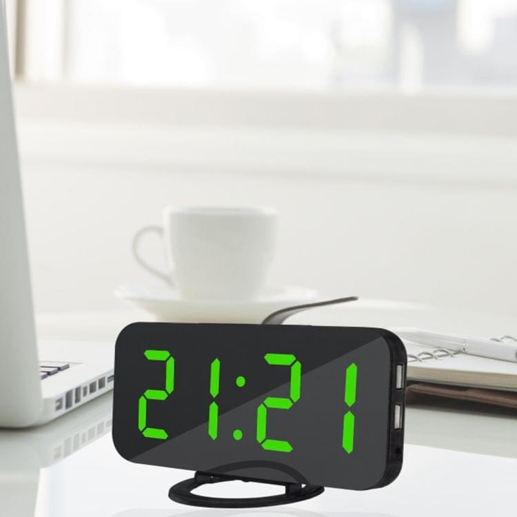 Multifunction Creative Mirror Reflective LED Display Alarm Clock with Snooze Function & 2 USB Charge Port(Green)