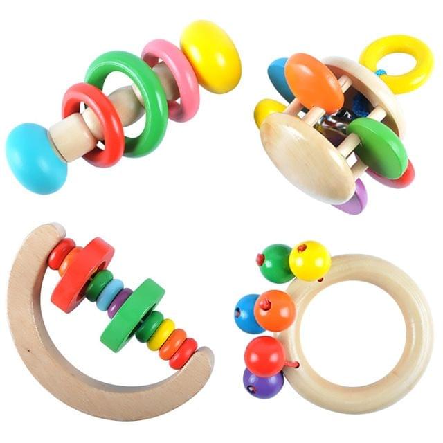 Baby Wooden Rattle Bell Toys Infant Handbell Rattles Kids Musical Instrument Educational Toy Funny Newborns Handle Bells Toys(Flower pattern)