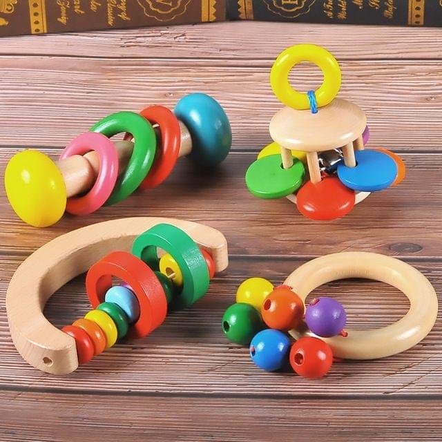 Baby Wooden Rattle Bell Toys Infant Handbell Rattles Kids Musical Instrument Educational Toy Funny Newborns Handle Bells Toys(Flower pattern)