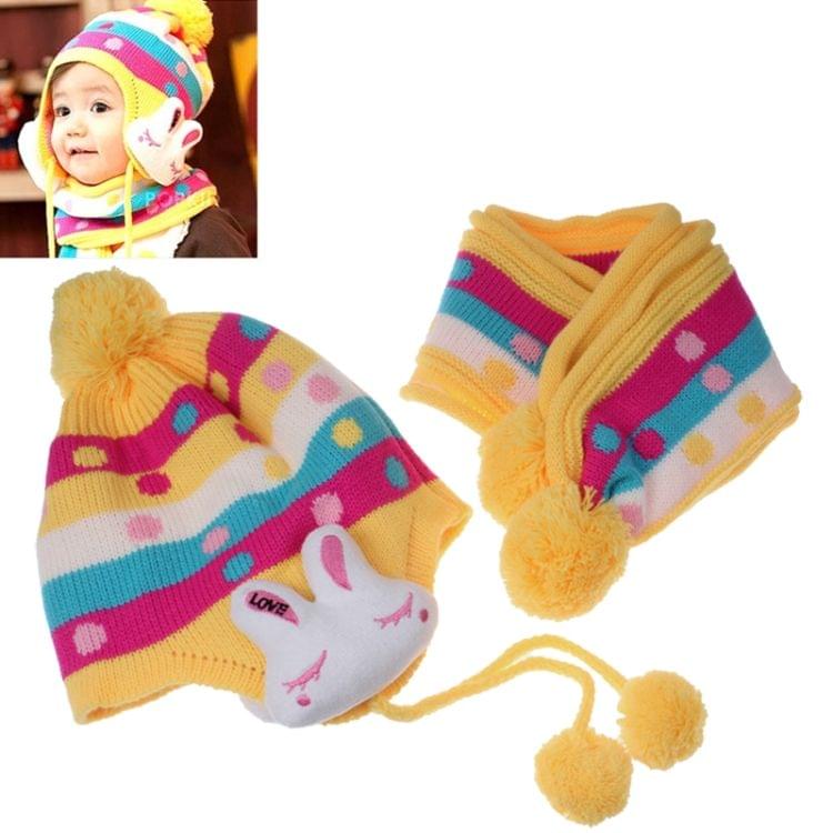 Children Thickening Warm Hat & Scarf Set for Autumn / Winter with Rabbit Decoration(Yellow)