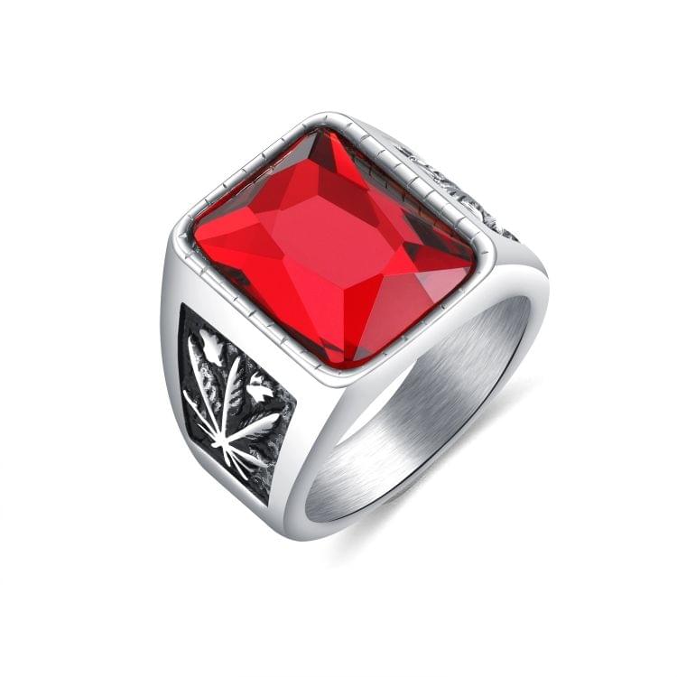 OPK Personality Tide Stainless Steel Glass Stone Maple Leaf Ring for Men(Color:Steel Red Size:8)